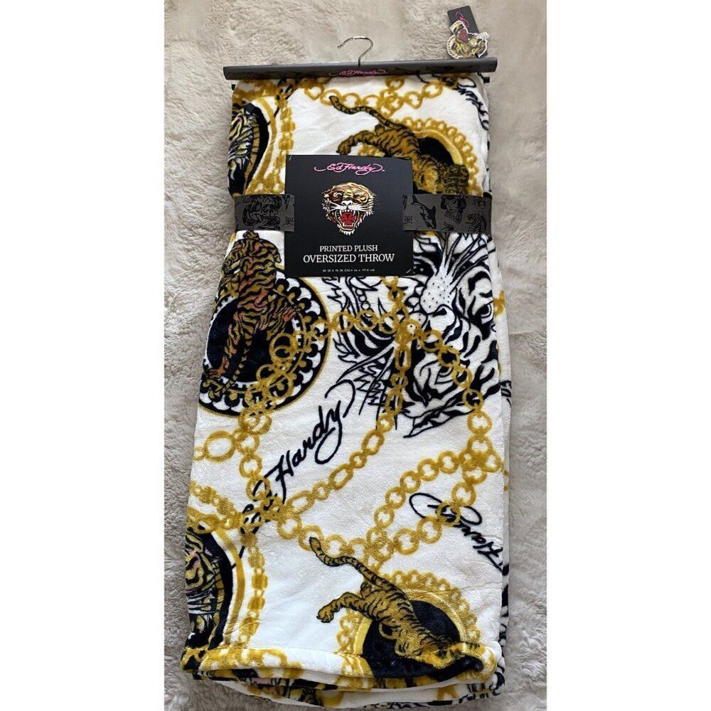 Ed Hardy Plush Throw Blanket Black Tiger White‎ Gold Chains Logo 60” X 70” NEW